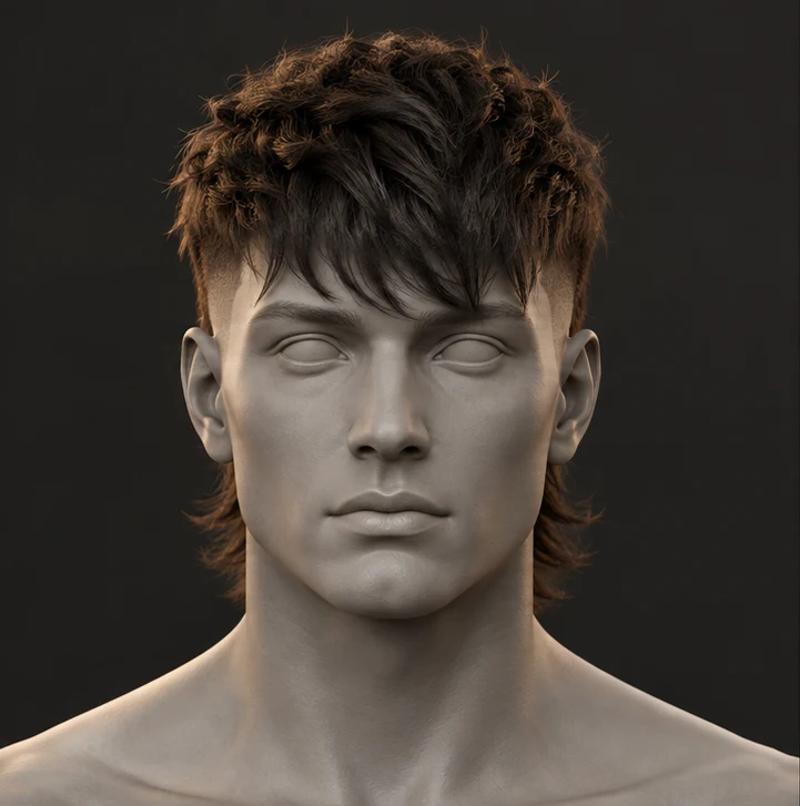 Render 3D depan Burst Fade Mullet