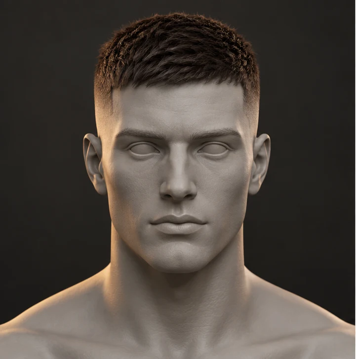 Render 3D depan Crew Cut + Mid Fade