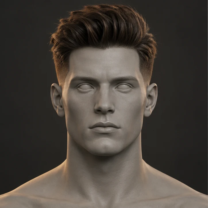 Render 3D depan Modern Quiff + Low Taper